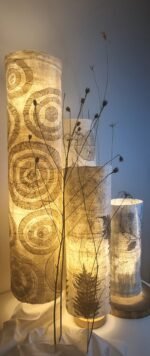 Felted wool and paper lit columns