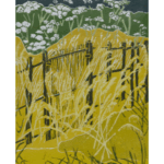 lino print "Gate and grass"