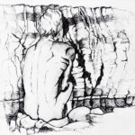 pen and ink "figure against cliffs"