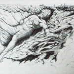 pen and inkj "prone figure on rocks"