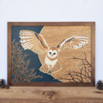 Hand cut marquetry Barn Owl wall hanging.