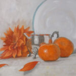 Silver jug with dahlia and clementines