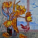 Tulips with Bird - Mixed Media